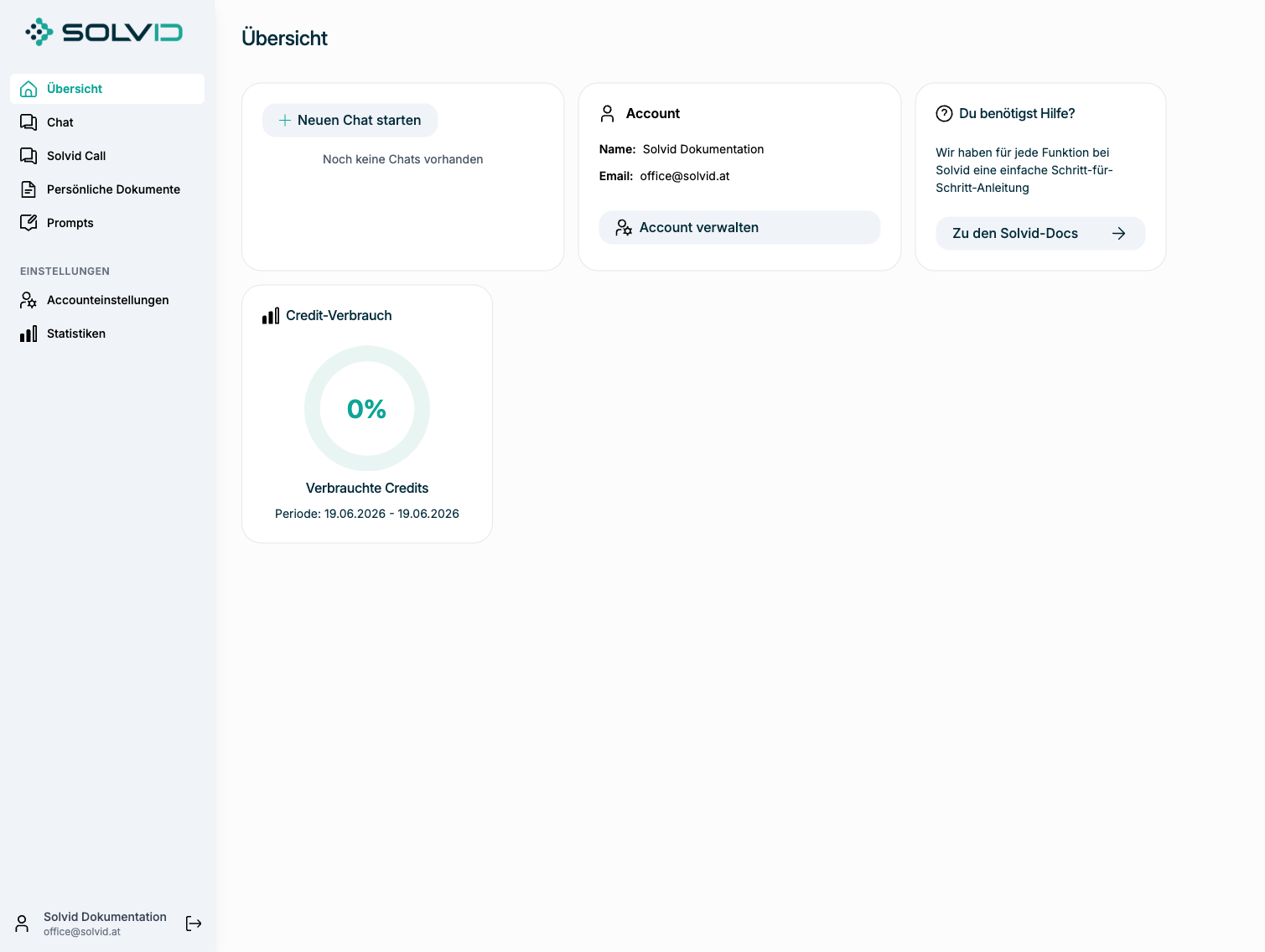 Solvid Dashboard mit Navigation, Account-Karte und Credit-Verbrauch