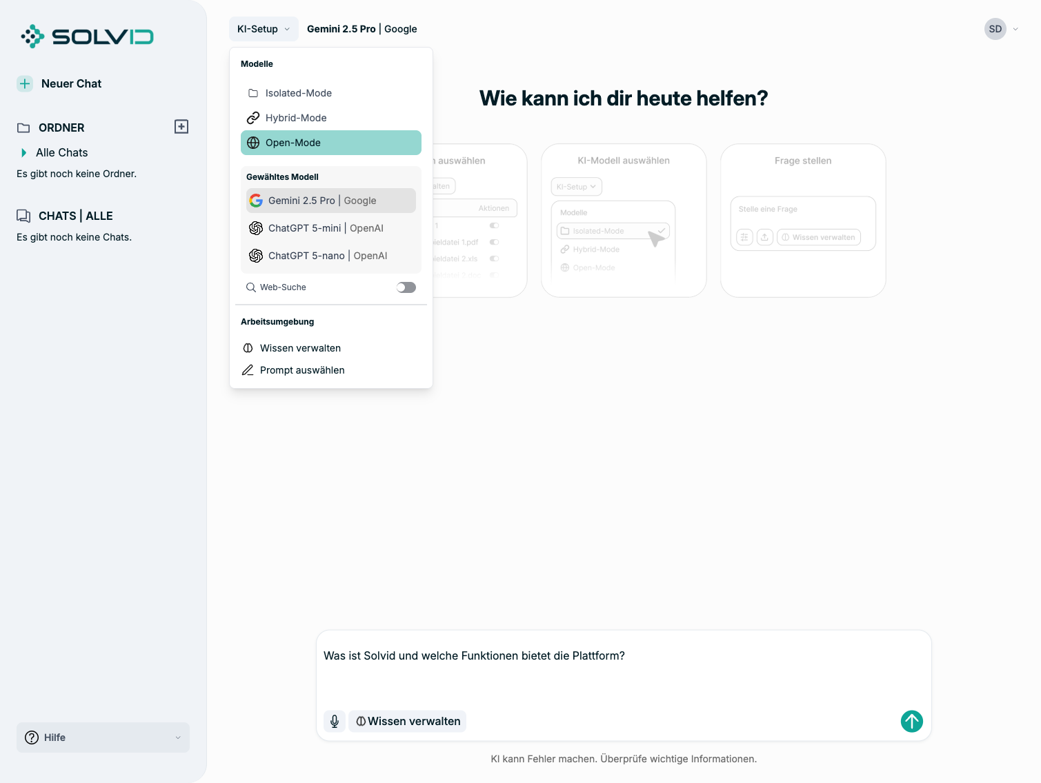 Open-Mode mit externen Modellen und Web-Suche