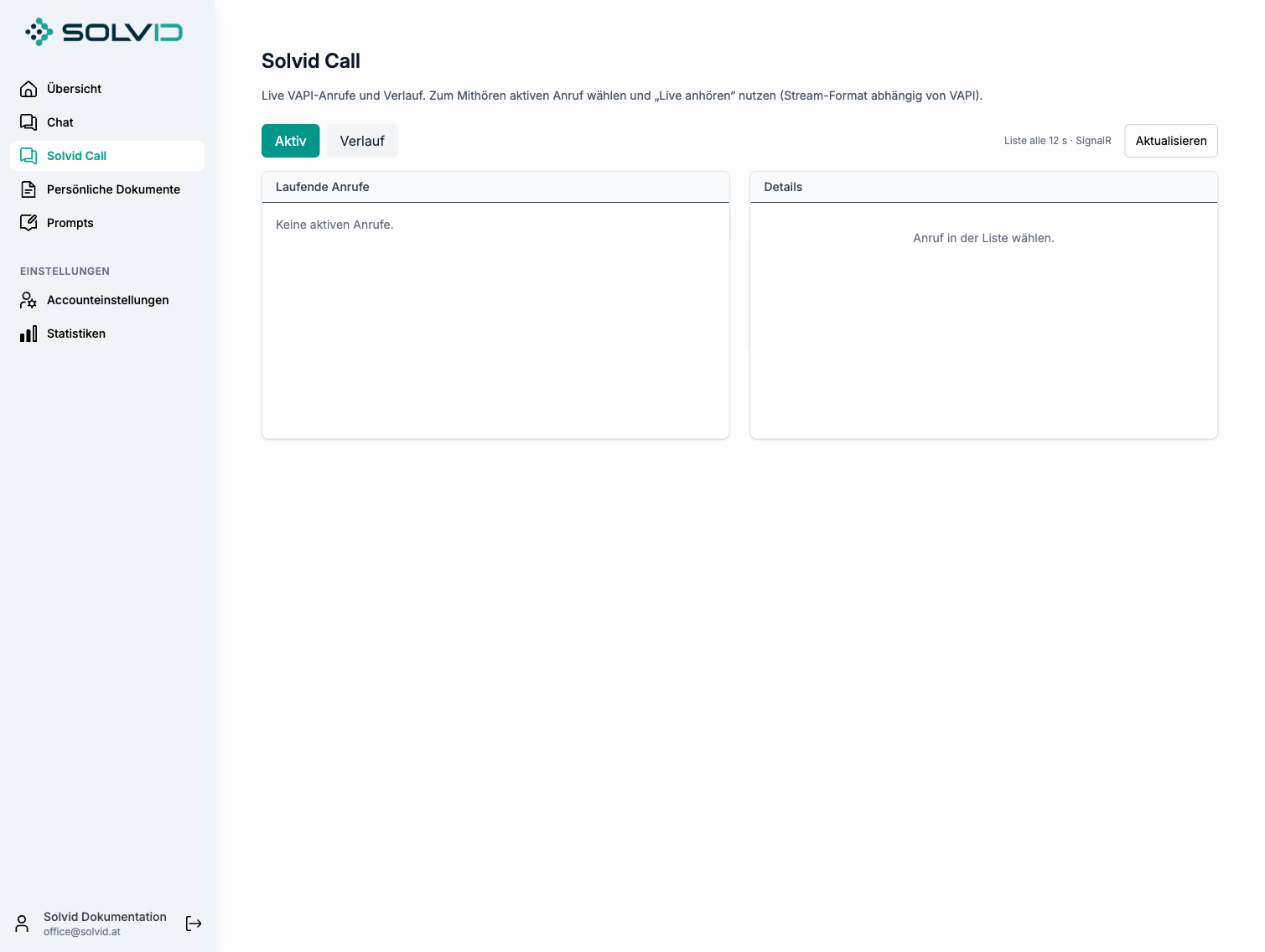 Solvid Call mit den Tabs Aktiv und Verlauf