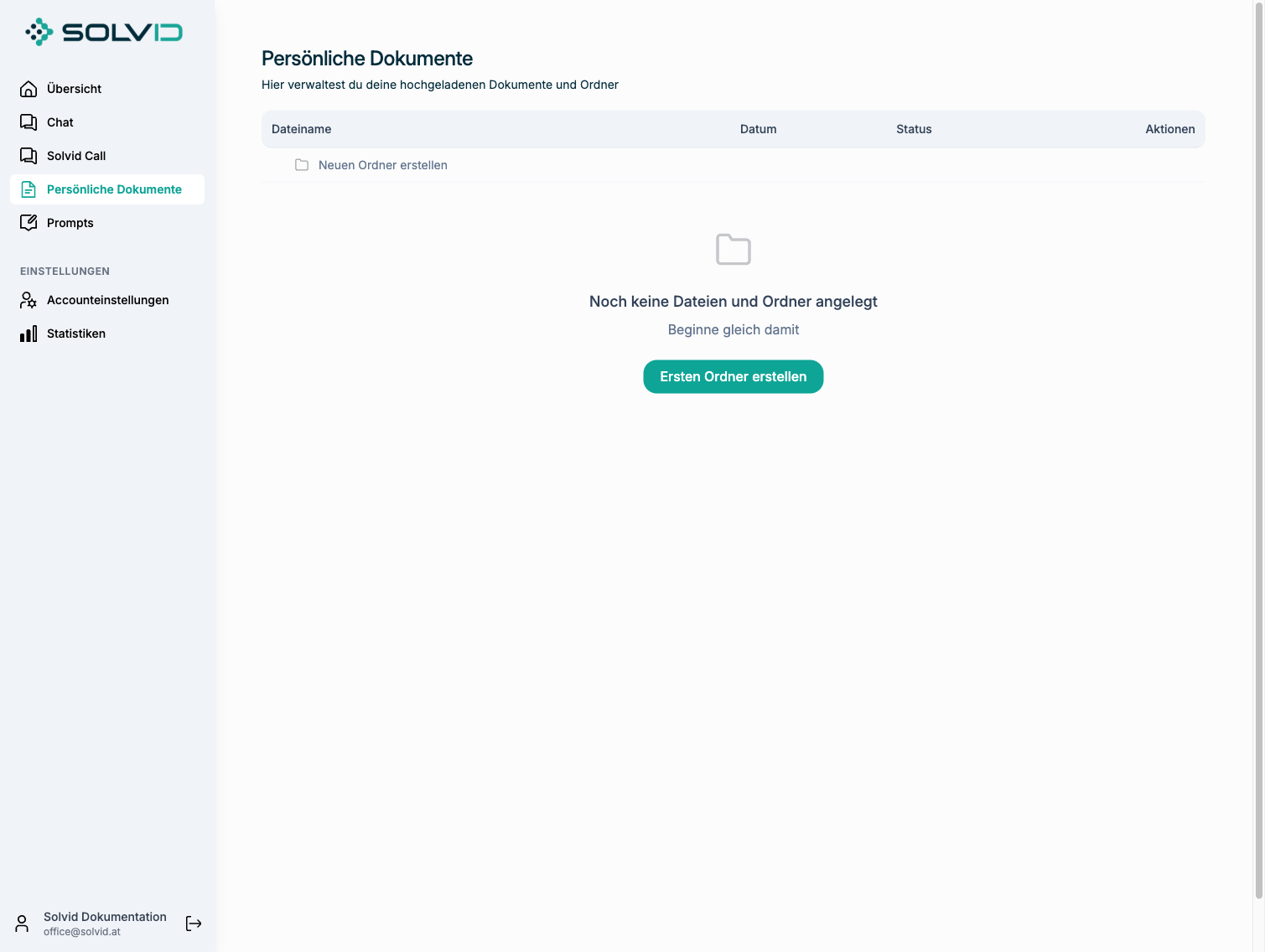 Leere Wissensbasis mit Spalten Dateiname, Datum, Status, Aktionen
