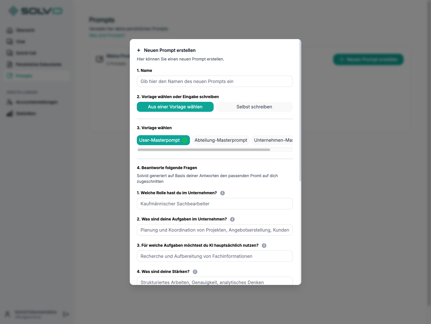 Prompt-Builder mit Name, Vorlagen und geführtem Fragebogen
