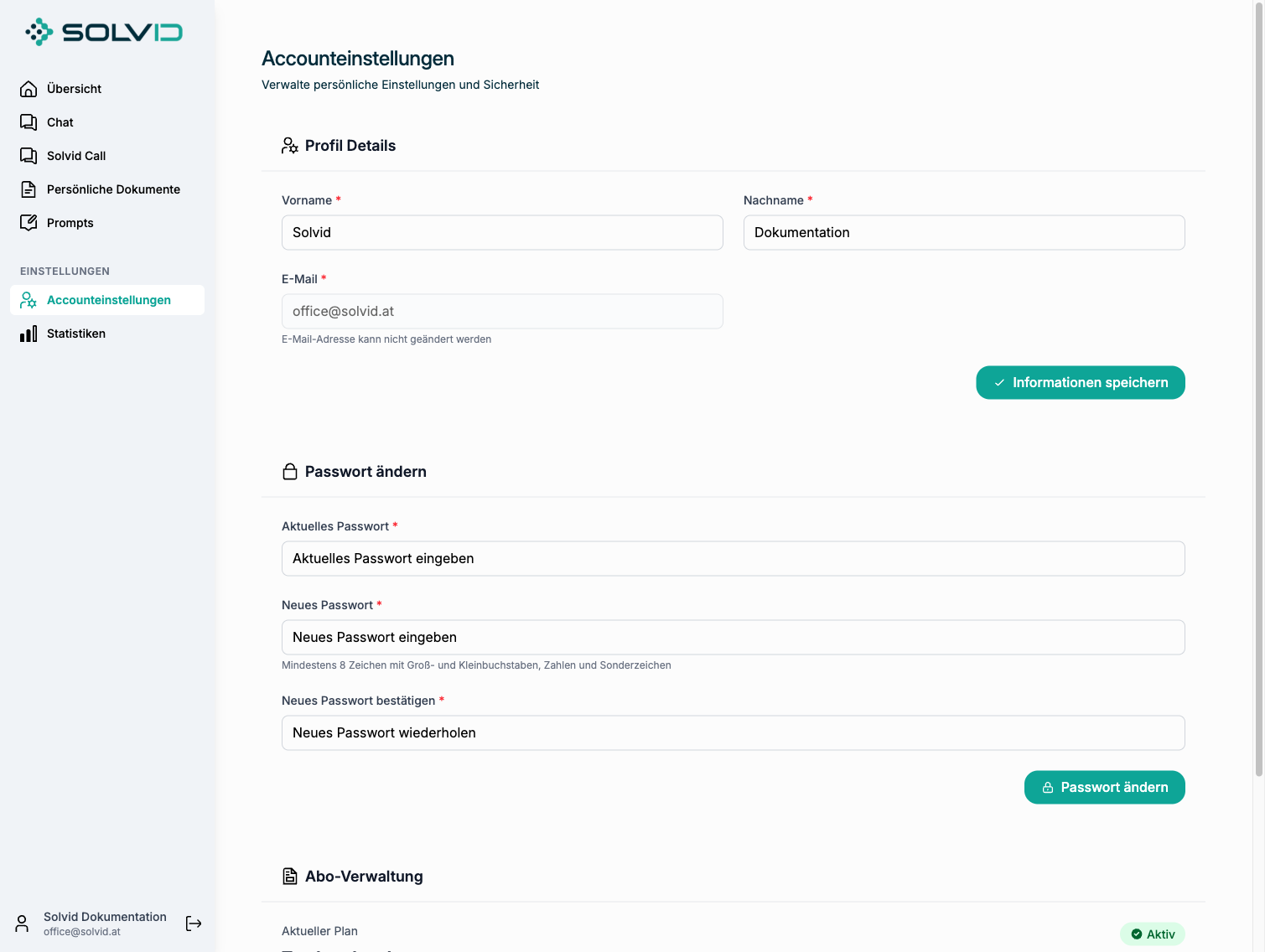 Accounteinstellungen mit Profil, Passwort und Abo-Verwaltung