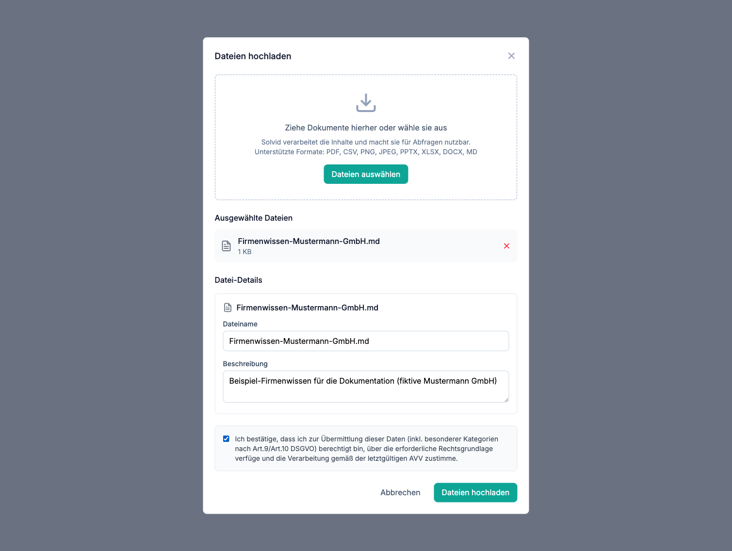 Upload-Dialog mit ausgewählter Datei, Datei-Details und gesetztem DSGVO-Häkchen