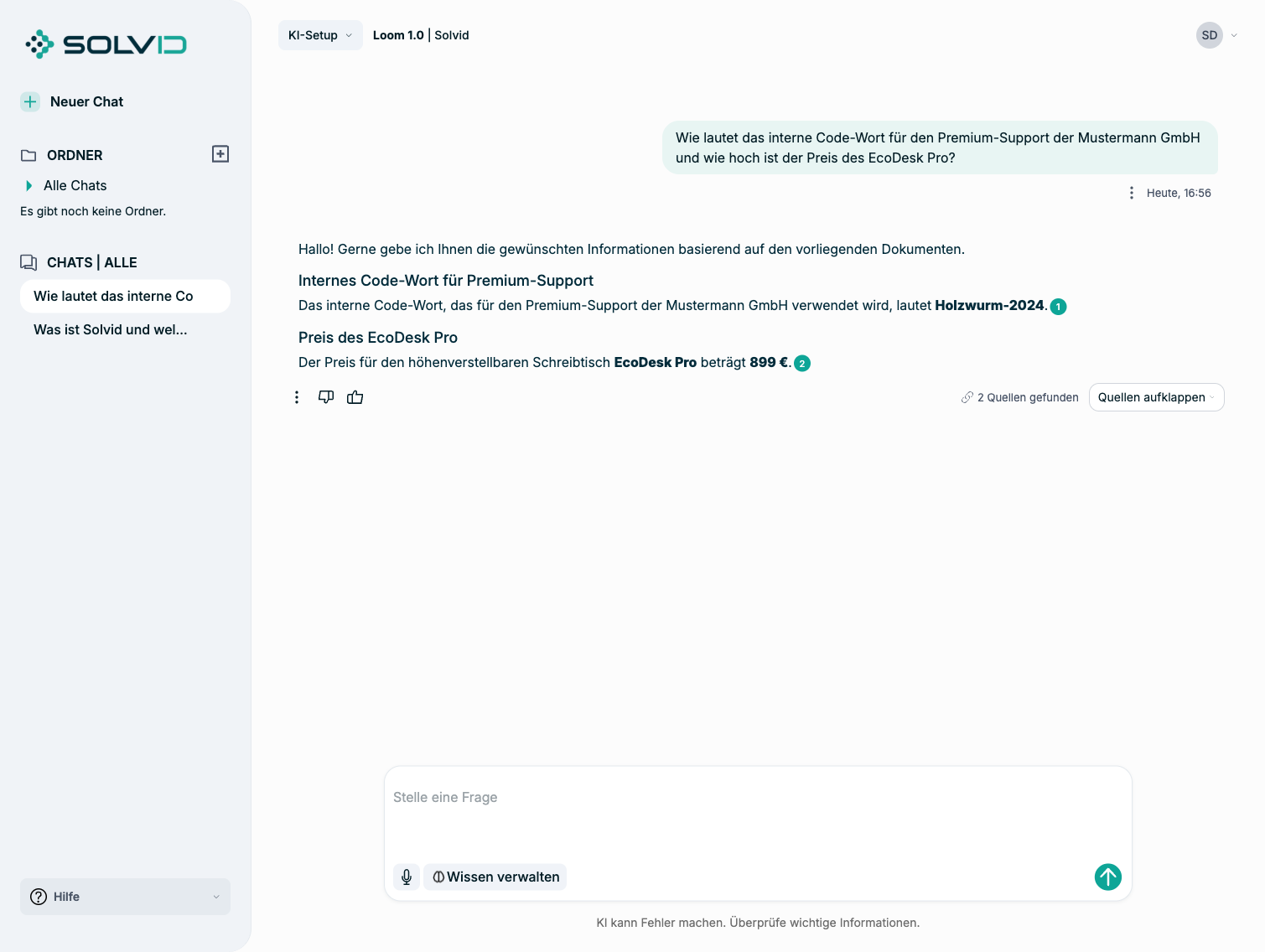 KI-Antwort im Isolated-Mode mit grünen Quellen-Markern und „2 Quellen gefunden"