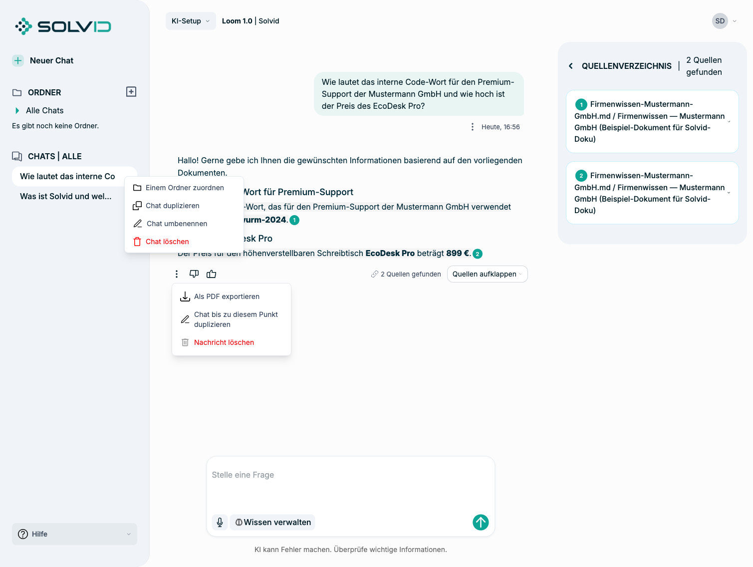 Nachrichten-Optionen: PDF-Export, duplizieren, löschen