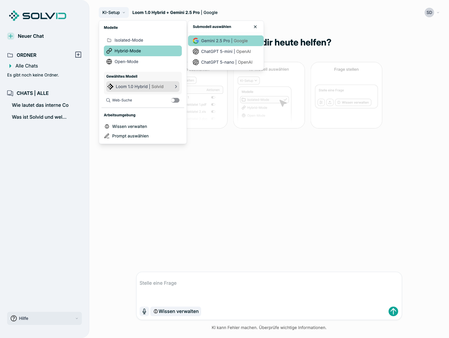 Hybrid-Mode mit Submodell-Auswahl und Web-Suche-Schalter